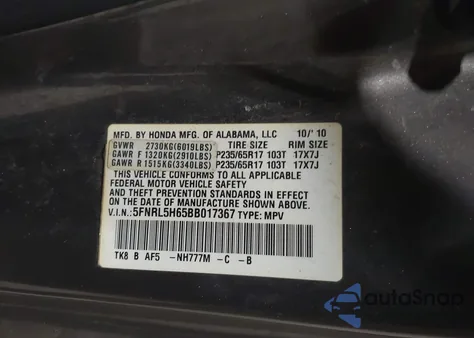 2011 Honda Odyssey Ex-L from USA, damaged, VIN 5FNRL5H65BB017367